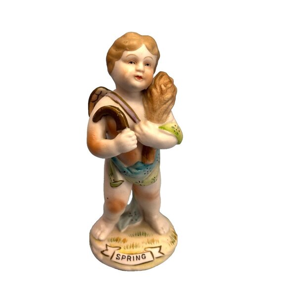 Vintage Hand Painted Porcelain Cherub Figurine Titled "Spring" Germany C1940 - Picture 1 of 8